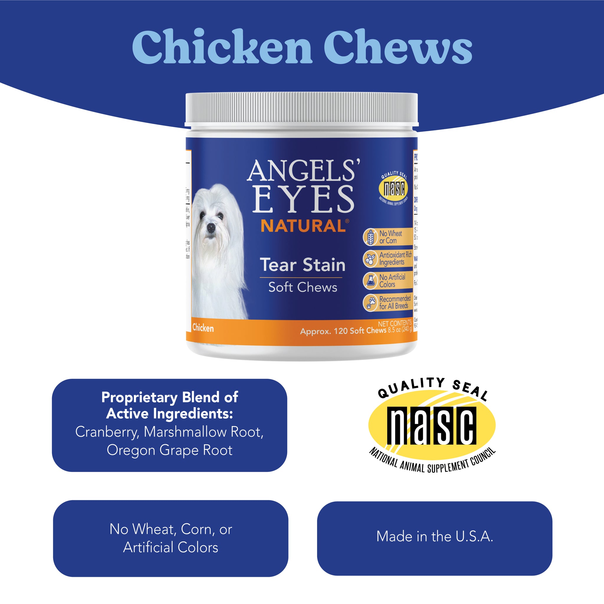 Angels Eyes NATURAL Tear Stain Chew for Dogs Chicken Flavor 120ct